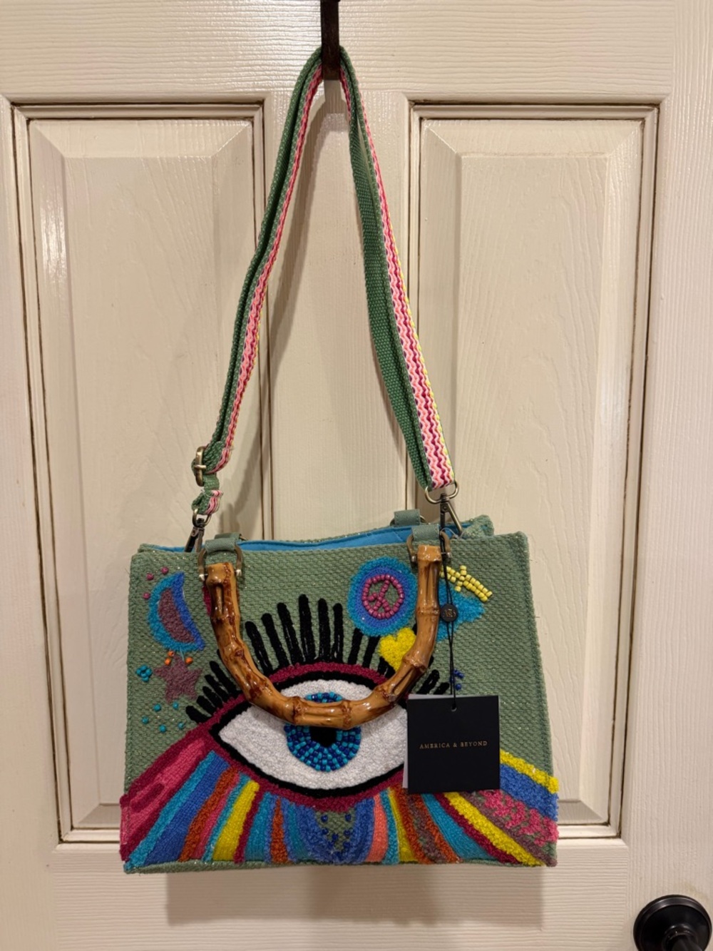 America & Beyond Groovy Eye handbag with Bamboo Handles & shoulder strap - Picture 2 of 7